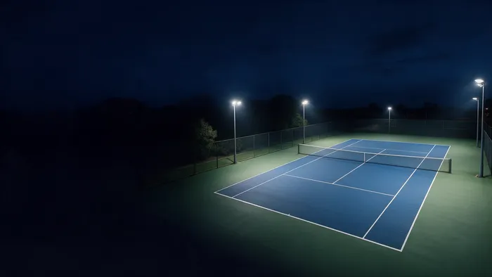 Visualisation illustrative d’une installation sportive extérieure éclairée la nuit.
