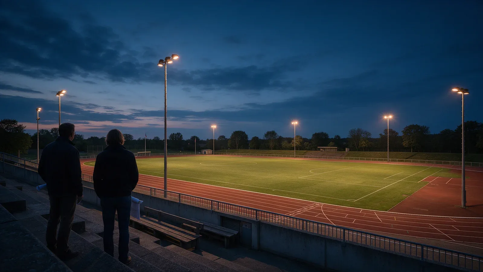 Professionnels réunis près d’un terrain sportif à l’heure bleue, observant le site et ses équipements.